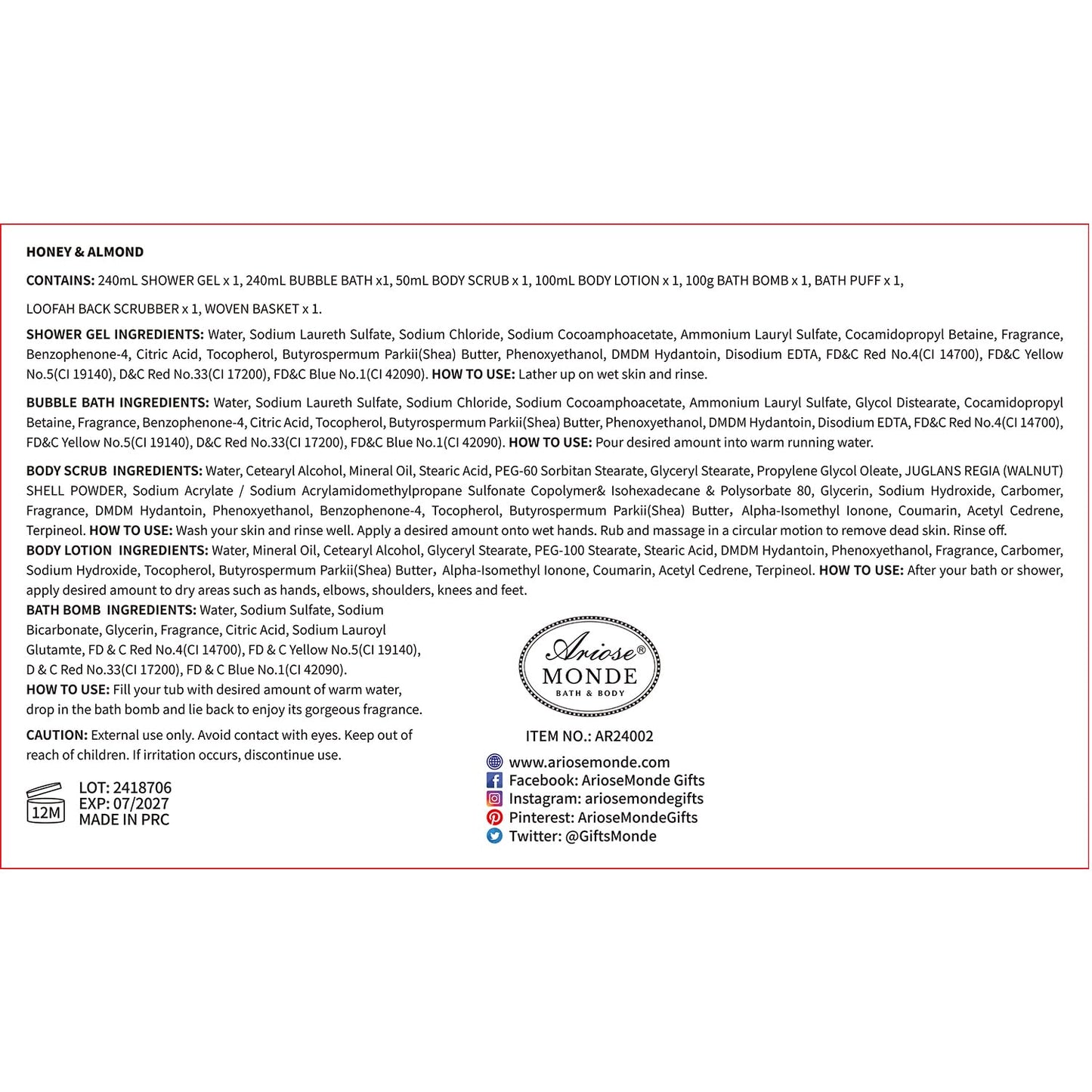 Gift Baskets , Spa Gifts for Women, 8Pcs Honey Almond Bath Gift Set for Women, Relaxation Self Care Spa Kit W/Bath Bomb, Bubble Bath, Mom Birthday Gifts, Christmas Gifts Thank You Gifts